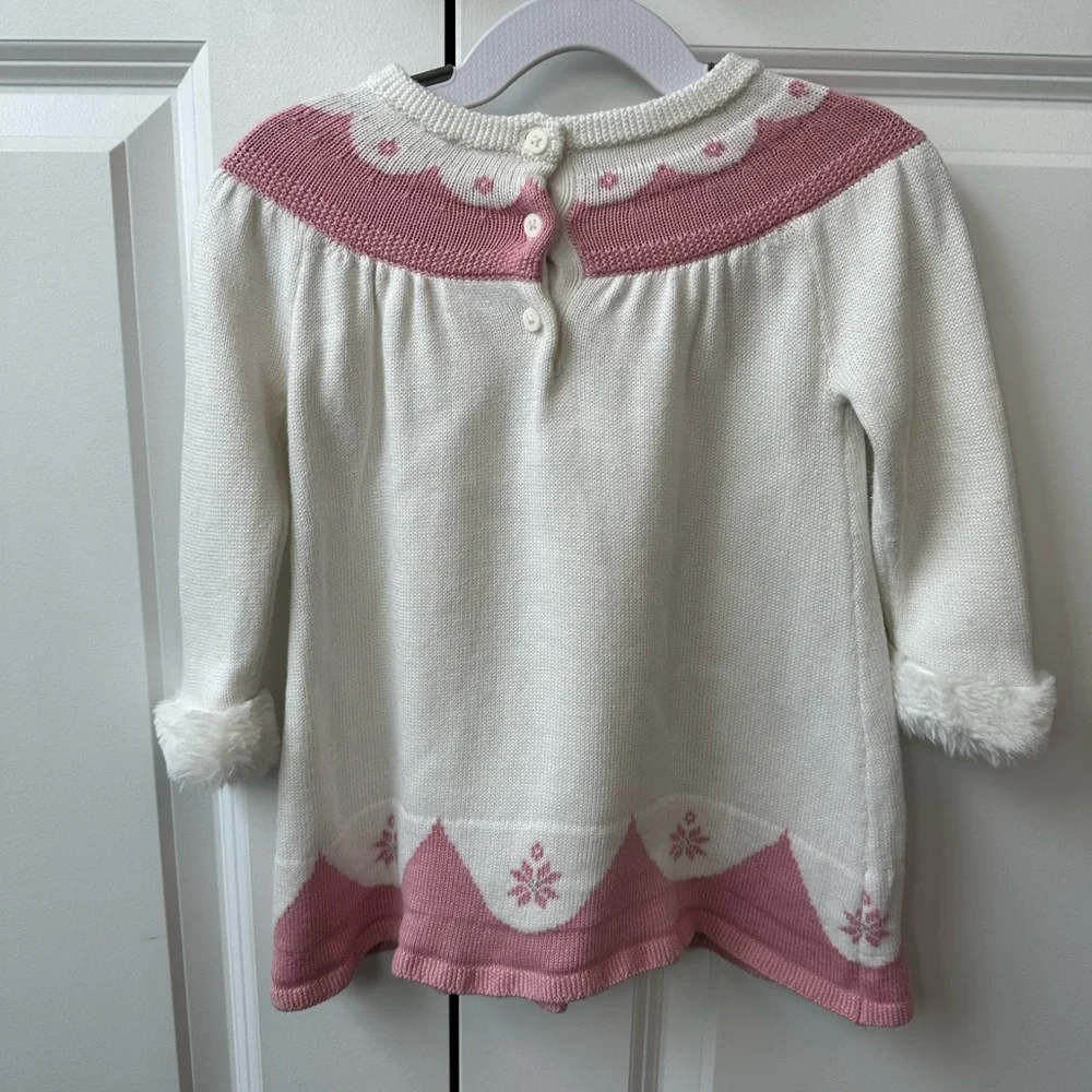 Janie and Jack Girls Cream and Pink Sweater Dress w/ Faux Fur Cuffs (Sz 6-12 Mo)